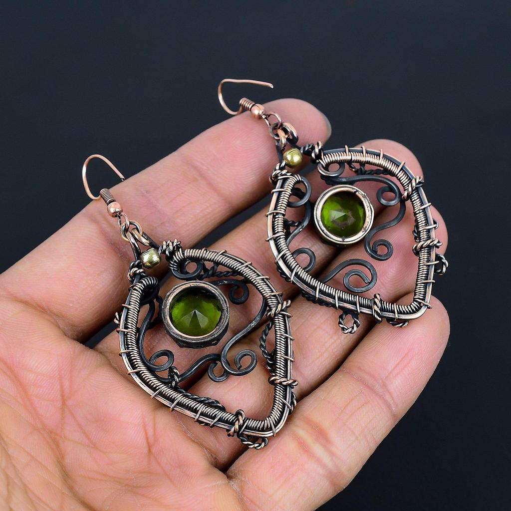 Peridot Earrings Gemstone Jewelry, 999 Copper Wire Wrapped Earrings, Handmade Jewelry Birthstone Earrings, Gift For Him