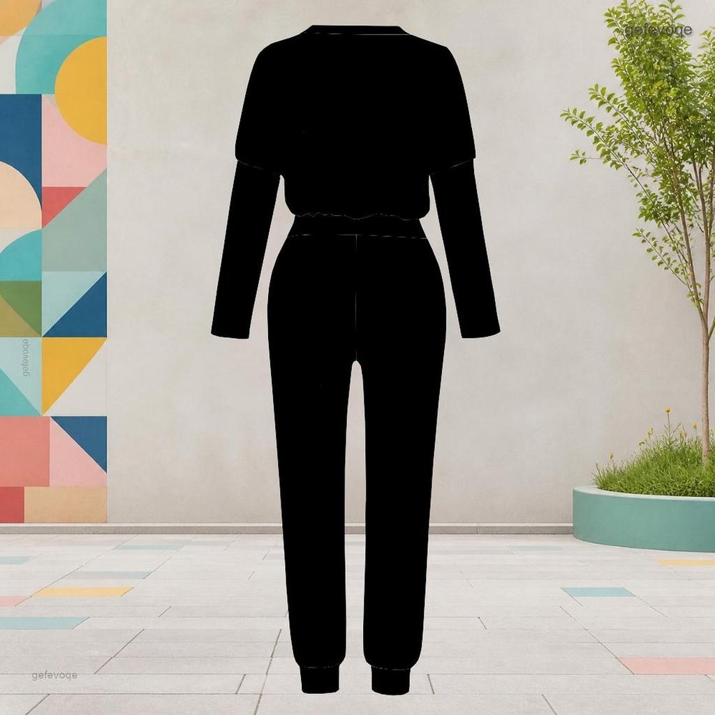 Women Plus Size Round Neck Long Sleeve Printed Two Piece Set Cuffed Top Cuffed Pants With Pockets