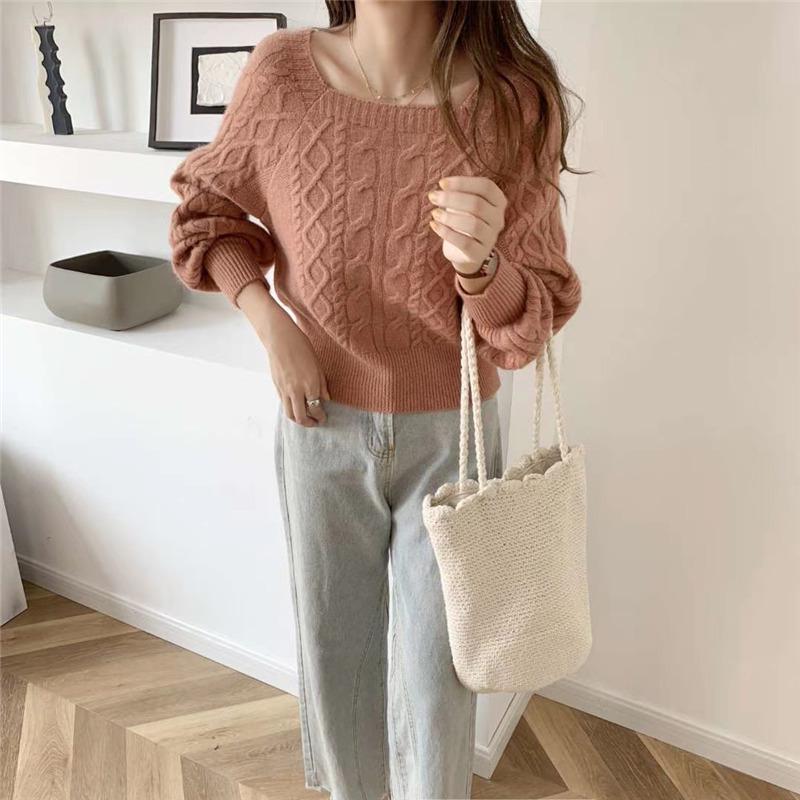 Women's Retro Square Collar Thick Knit Sweater - Autumn/Winter Korean Style, Waist-Slimming, Loose Fit with Twist Pattern
