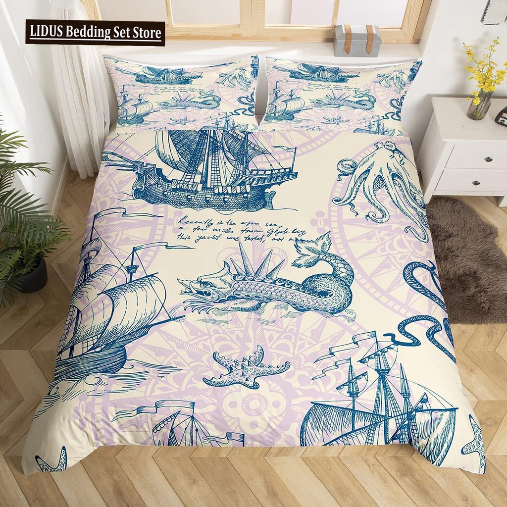Nautical Duvet Cover Set Boat Pirate Bedding Set King Size Retro Sailboat Brown Comforter Cover Anchor Compass Vintage Quilt Set