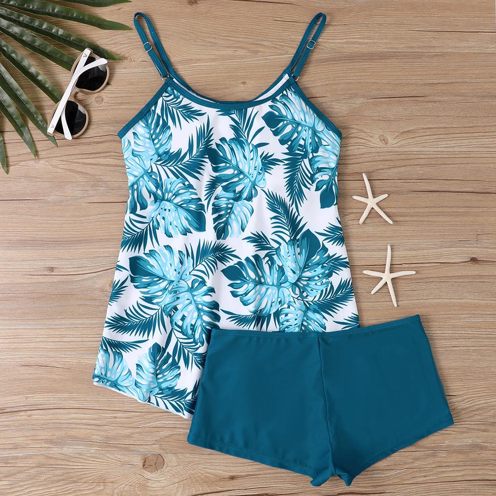 2-teiliges konservatives Tankini-Set Digitaldruck Bauchkontrolle Hohe Taille Boy Shorts Spaghettiträger Strand Badeanzug