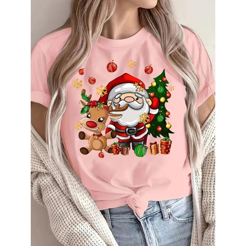 Christmas Santa and Reindeer Print Crew Neck T-Shirt Harajuku Sleeve Women's T-shirt Clothing Street Tops Tees Aesthetic Clothes