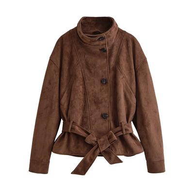 Damen Stehkragen Kunstwildleder Cropped Jacke Locker Lässig Langarm Cargo Kurzmantel