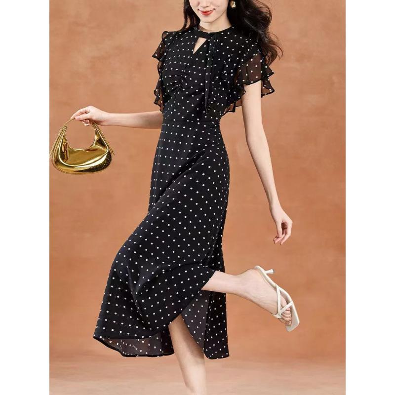 Summer new retro elegant wind lotus leaf edge flying sleeves cover the flesh temperament showing polka dot dress women