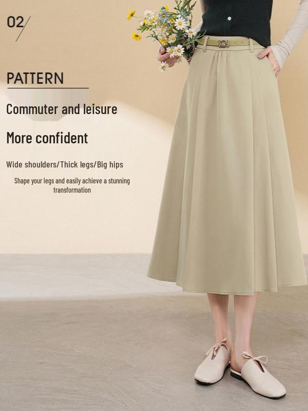 Women's Tencel Wool A-line Midi Skirt, High Waist, Hip-Covering, Pleated, Spring/Autumn 2025
