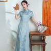Mavi Aodai ulusal tarz yeni Çin cheongsam geliştirilmiş genç 1011 yeni kadın retro kısa kollu elbise yaz