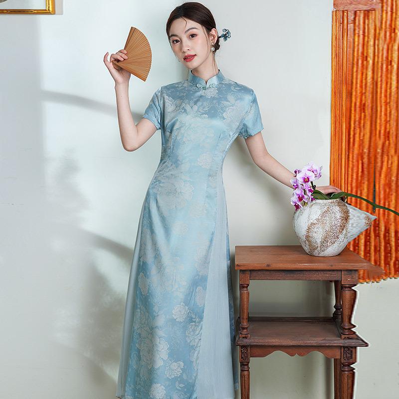 Mavi Aodai ulusal tarz yeni Çin cheongsam geliştirilmiş genç 1011 yeni kadın retro kısa kollu elbise yaz
