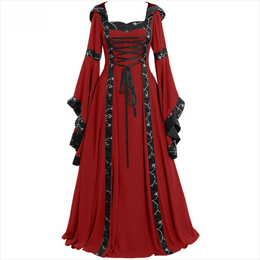 Medieval Retro Hooded Dress, Square Collar, Lace-up, Flared Sleeves, Big Skirt