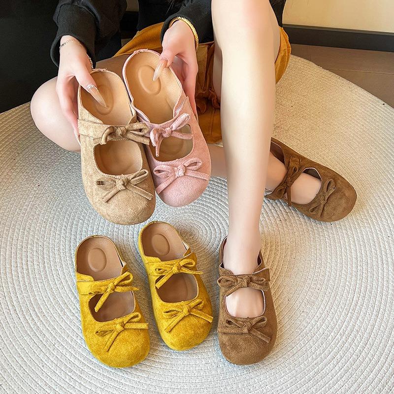 College style one pedal double bow half slippers new round head single shoes student suede flat slippers women