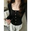 Womens Black U-Neck Long Sleeve T-Shirt Slim Fit Basic Top Casual Wear