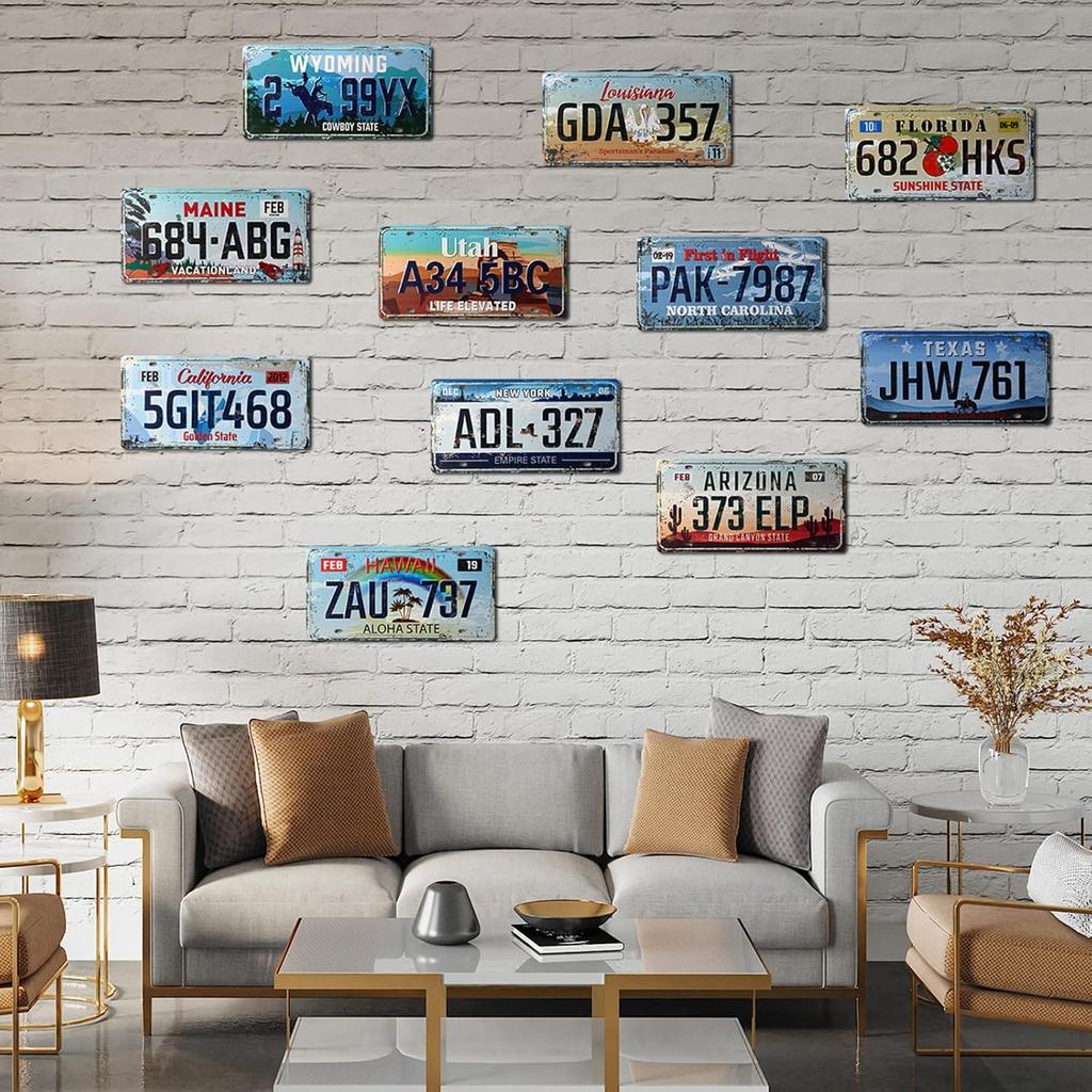 12 Pieces Vintage State License Plates for Decoration Tin Signs Vintage US State Number Tags Metal Automotive Sign for Man Cave Garage Bar Home Wall