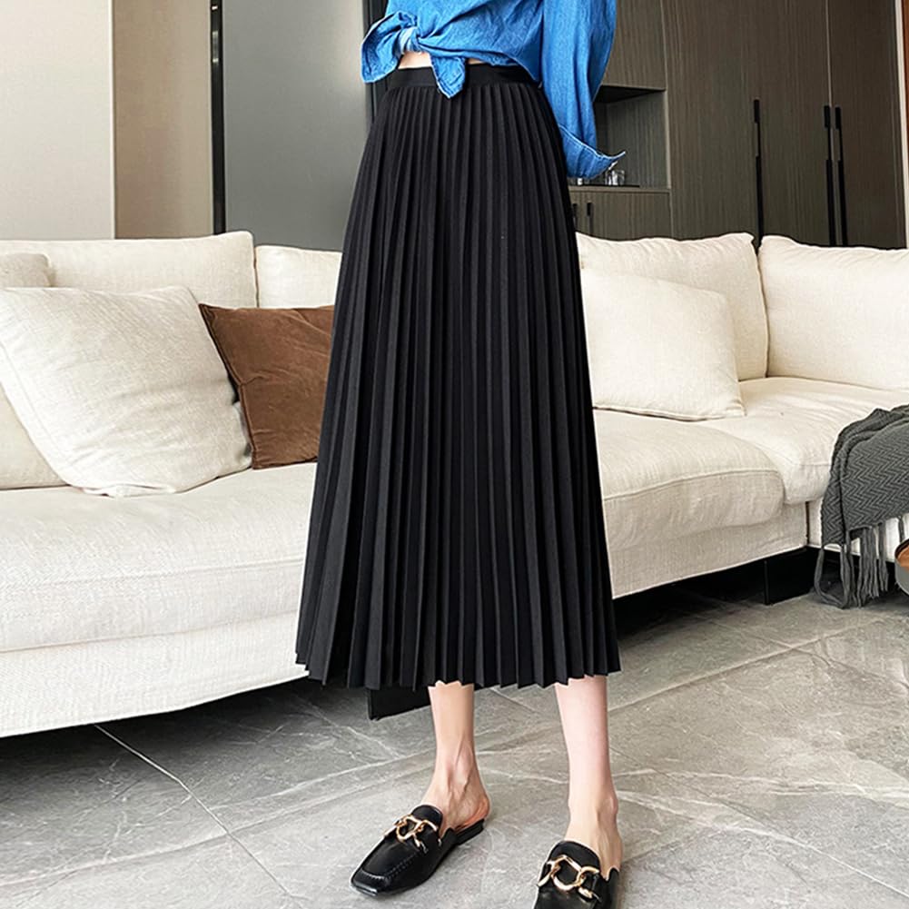 KANO SEIKA Pleated Flared Long Plus Stylish Bottoms for Elastic Perfect for Everyday and Night Solid and Free Black Women's Skirt, Skirt, A-Line,