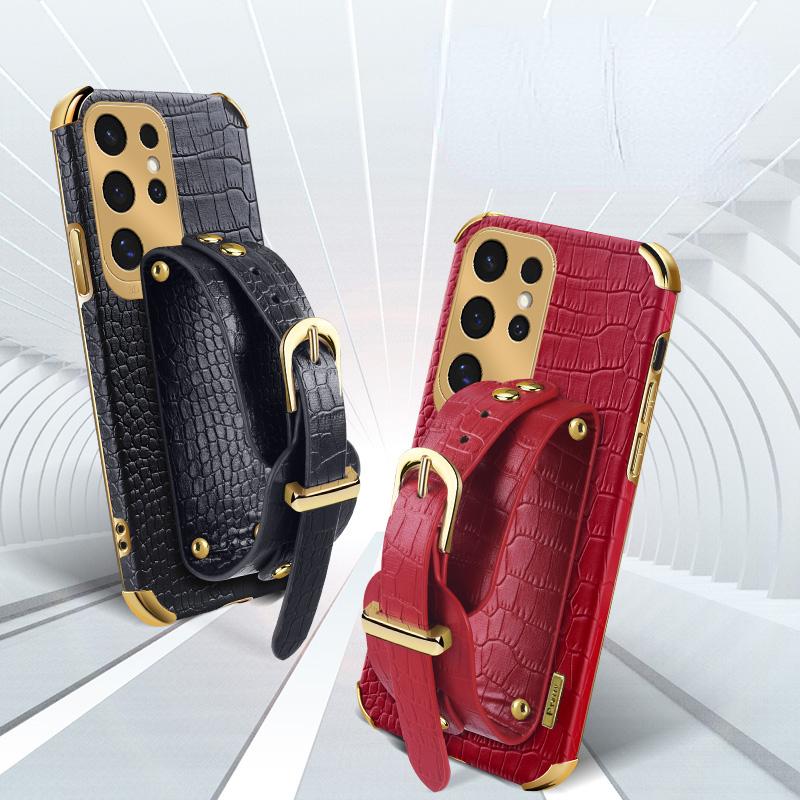 Crocodile Pattern Phone Case For Samsung Galaxy S25edge S24 FE S23 S22 S21 Ultra Plus FE Note 20 9 8 Back Cover With Wrist Strap