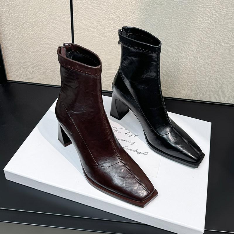 Temperament square head thick heel high heel elastic thin boots side zipper autumn and winter niche thick heel short boots women