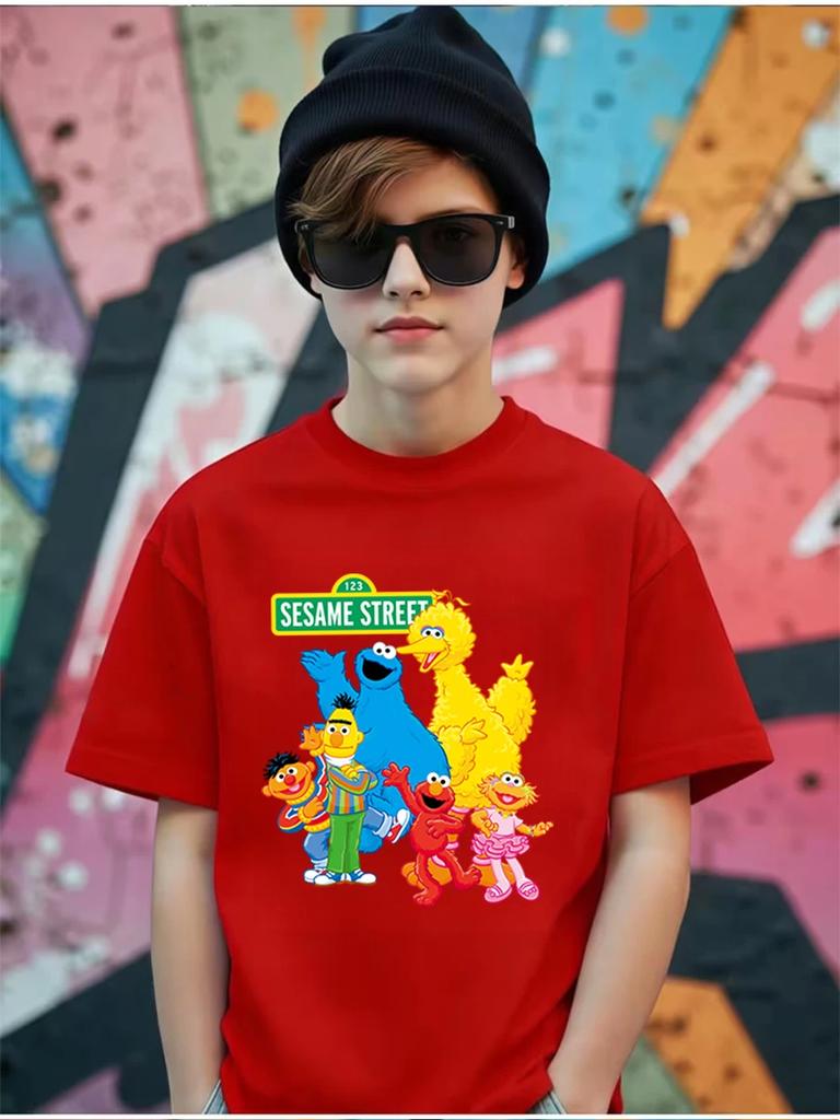 Cute Sesame Street Cartoon Short Sleeve Tee For Children Summer Casual Crewneck Top Boys Girls Age 3-14