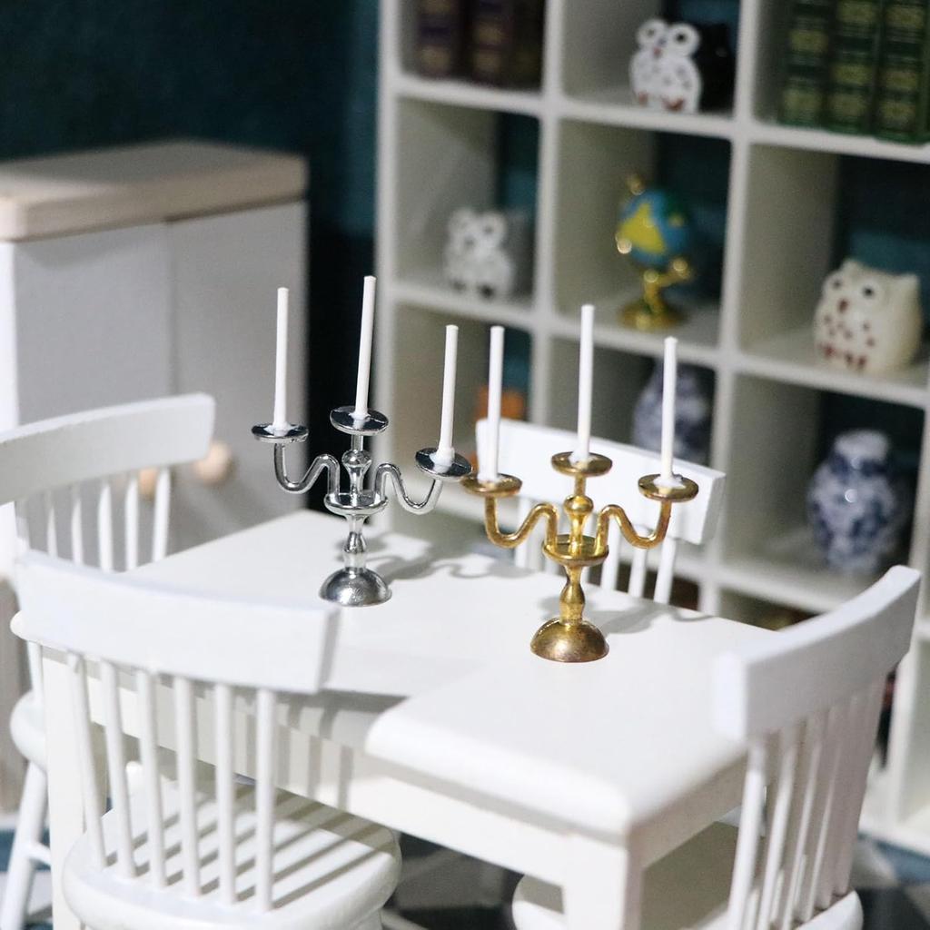 1/2 PCS Vintage 3-Arm Candelabra with Candles – 1:12 Miniature in Gold/Silver for Dollhouse, Fairy Garden & Micro Landscapes