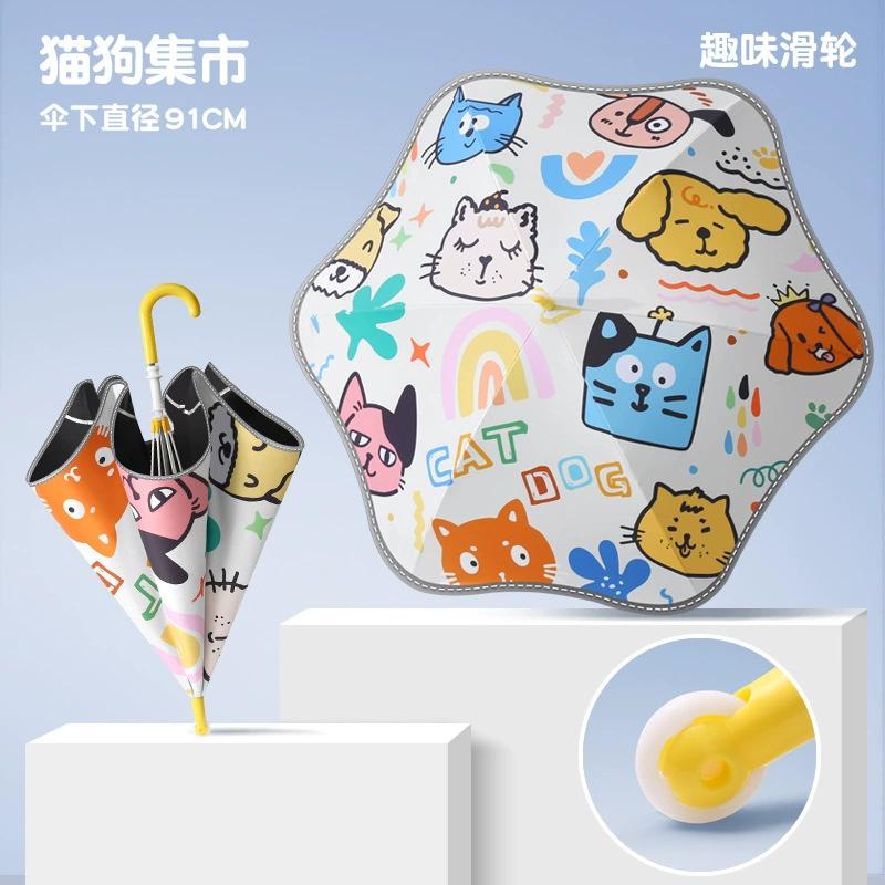 

Безопасный детский зонт со светоотражающей полосой, милые зонты с закругленными углами со смешным колесиком, UPF50+ защита от УФ-лучей, солнцезащитный зонт от дождя full-fiber&6K