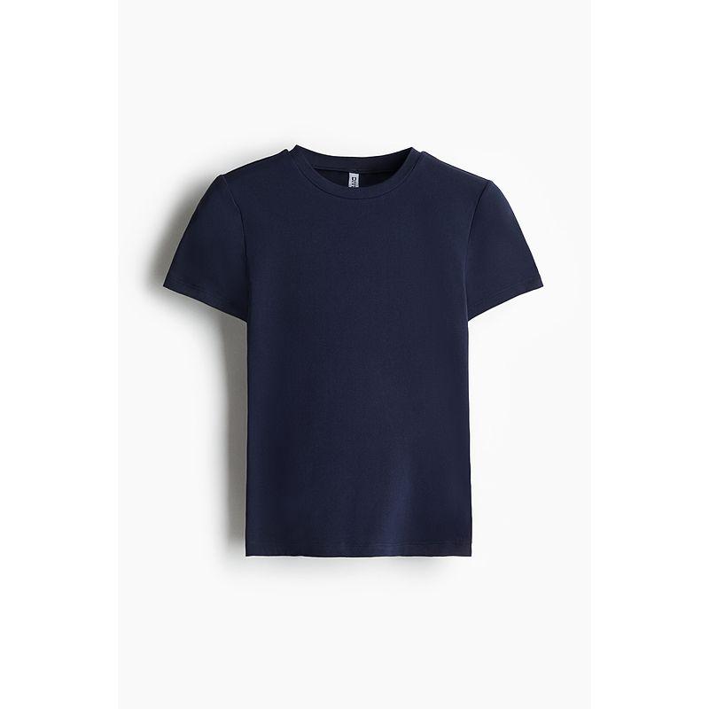 

HM Women s T-shirt 2025 Autumn New Arrival Silm Stretch Short Sleeve Narrow Collar Straight-leg Hem Casual Tops 1261291