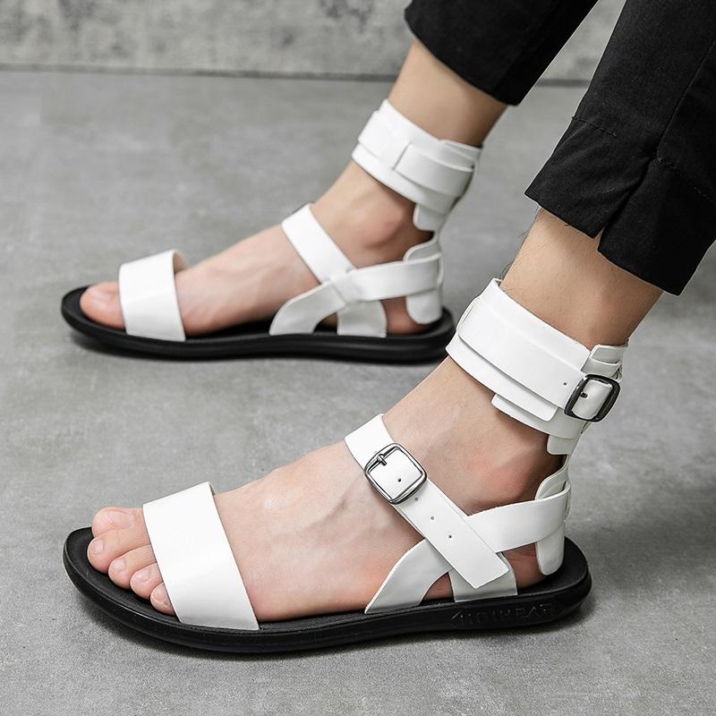 Fashion Summer New Men Gladiators High Tops Belt PU Leather Casual Shoes Breathable Beach Sandals Outdoor Slippers Black White Plus Size