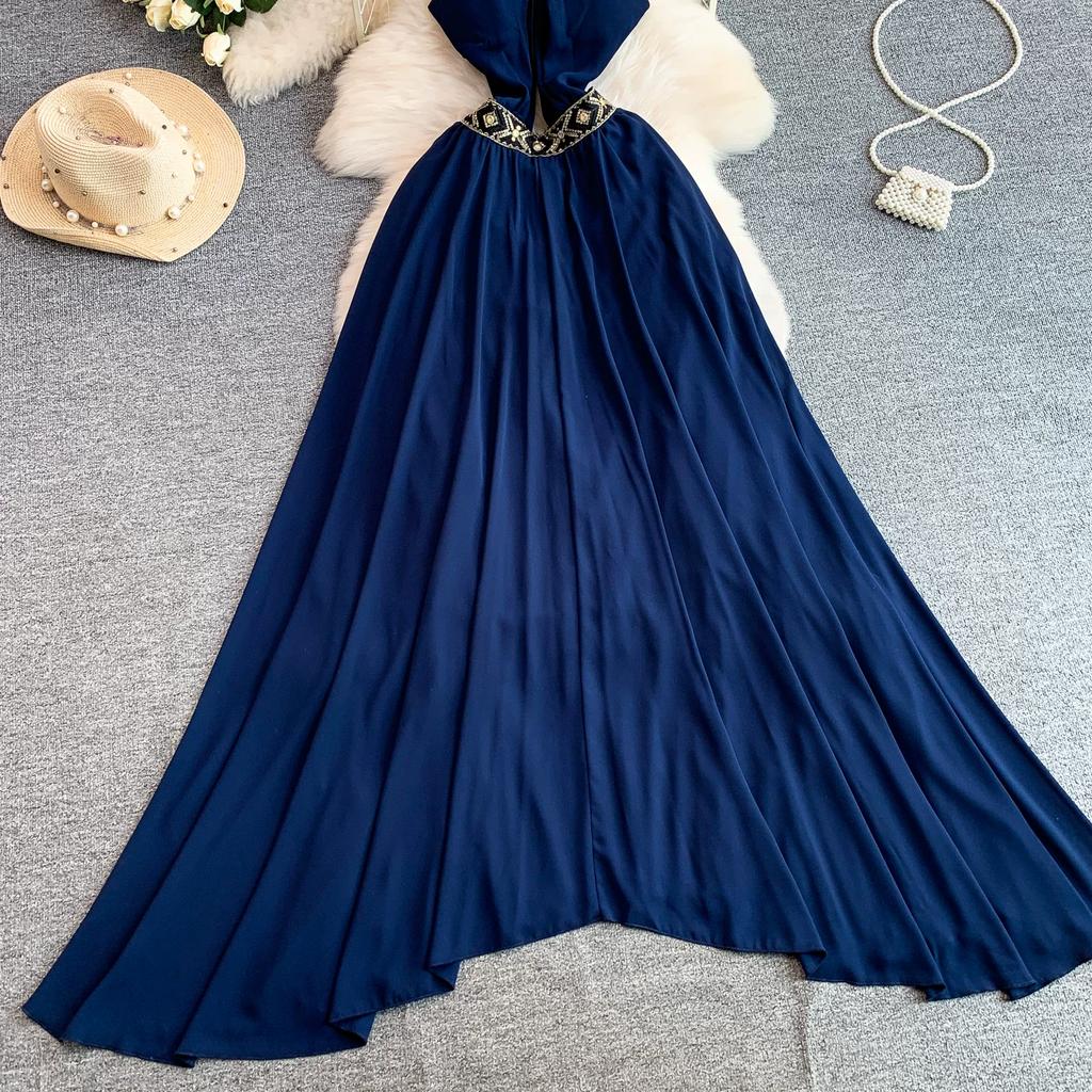 Sexy Backless Halter Neck Dress with Padded Cups for Women Vintage Bohemian Embellished Asymmetrical Elegant Chiffon Midi Dress