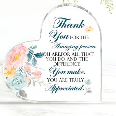 2D Flat, Heart-Shaped Acrylic Thank You Gift Desk Decor Plaque, Inspirational Message & Floral Thank You Card-like Design, Suitable for Wall Decoratio