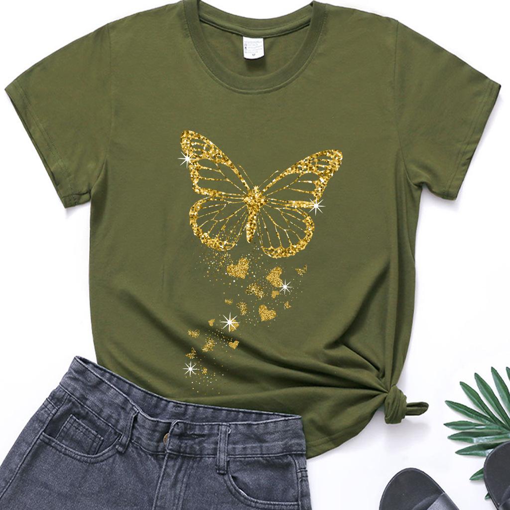 O Neck Loose Women Tshirt Ladies Tee Shirt Tops Clothes Camisetas Mujer Golden Butterfly Print Women T Shirt Short Sleeve