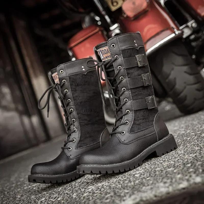 Luxury Men's Shoes Fashion Motorcycle Boots Outdoors High-top Lace Up Men's Boots British Comfortable Hiking Shoes Botas Hombre