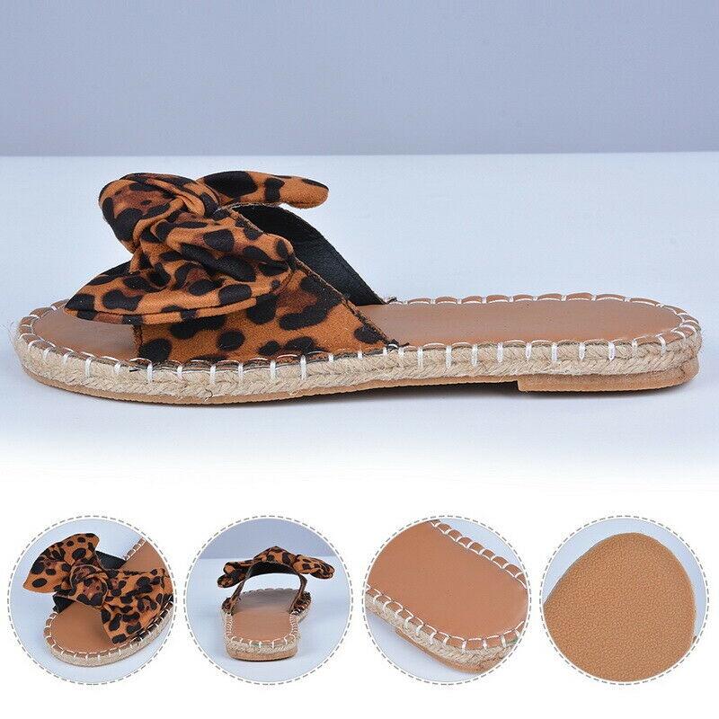 Elegant Women Slip On Sandals Bow Flat Mule Espadrille Shoes Summer Sliders
