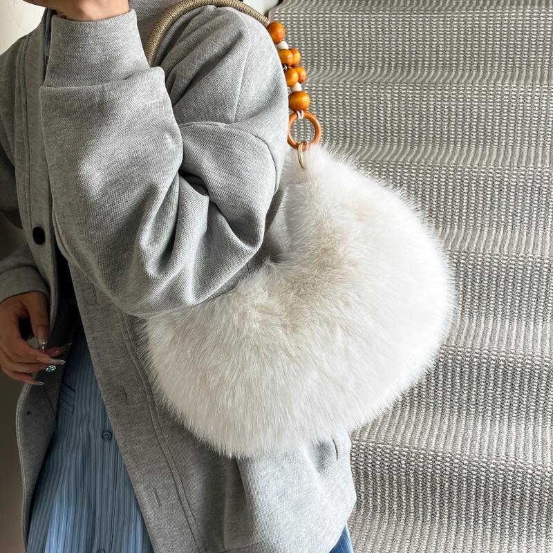 Autumn and Winter New Wooden Bead Portable Plush Shoulder Bag Handbag Texture Fashion Bag Female Sweet Cute Armpit Bag