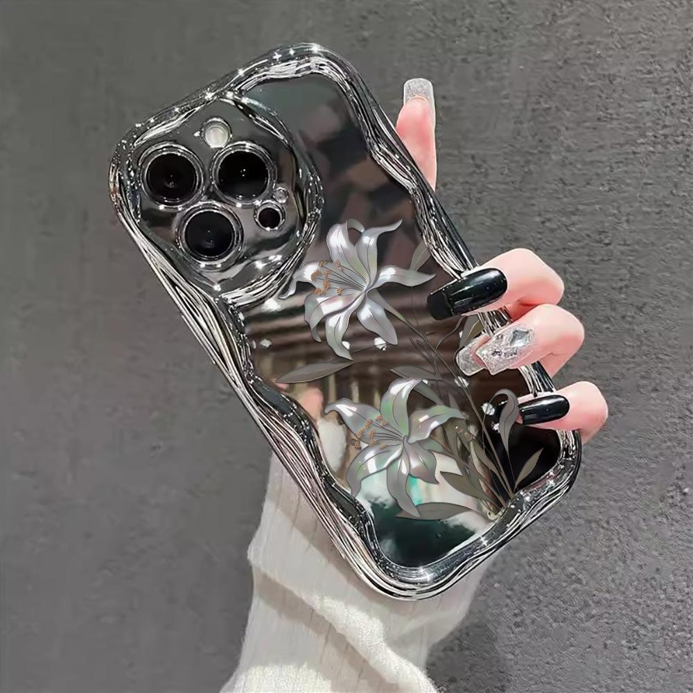 Electroplated silver lily for iPhone17PROMAX mobile phone case silver three-dimensional wave flower apple 16 soft case