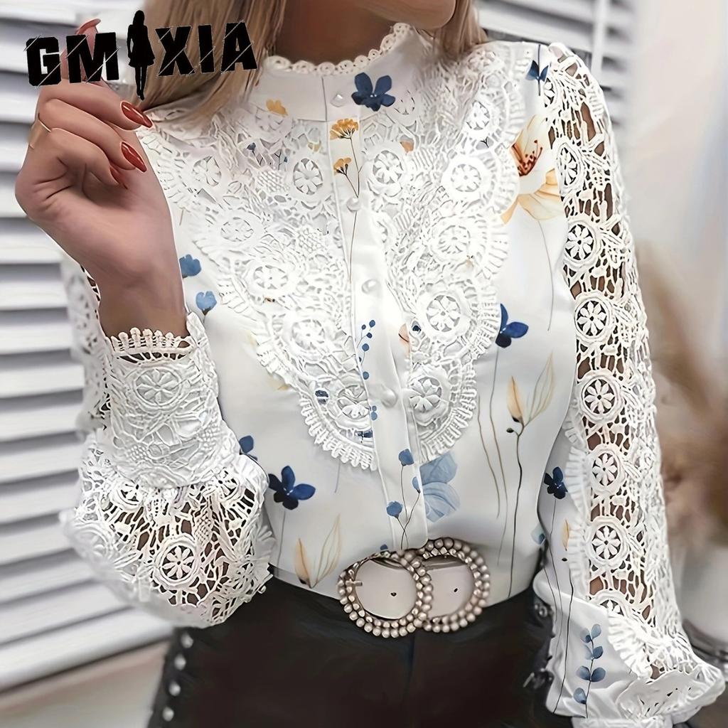 GMXIA Autumn Winter Women's Button-up Long Sleeve Shirt with Lace Lace