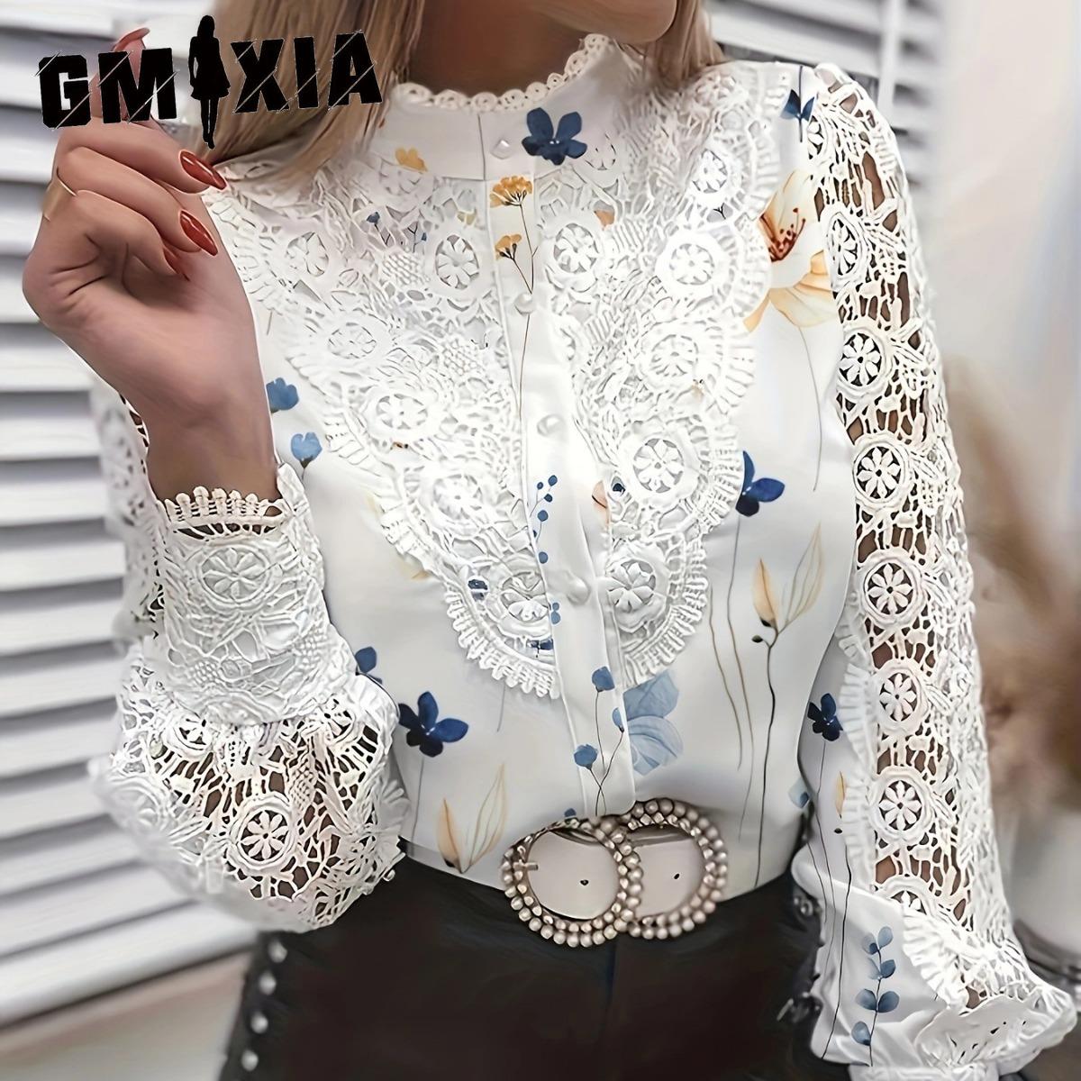 

GMXIA Осенне-зимняя женская рубашка на пуговицах с длинным рукавом и кружевом S