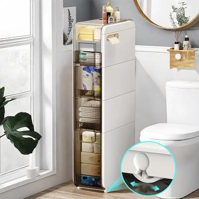 Narrow Slim Bathroom Storage Cabinet, Skinny Plastic Bathroom Storage with Drawers& Toilet Paper Holder, Waterproof Movable Storage Organizer