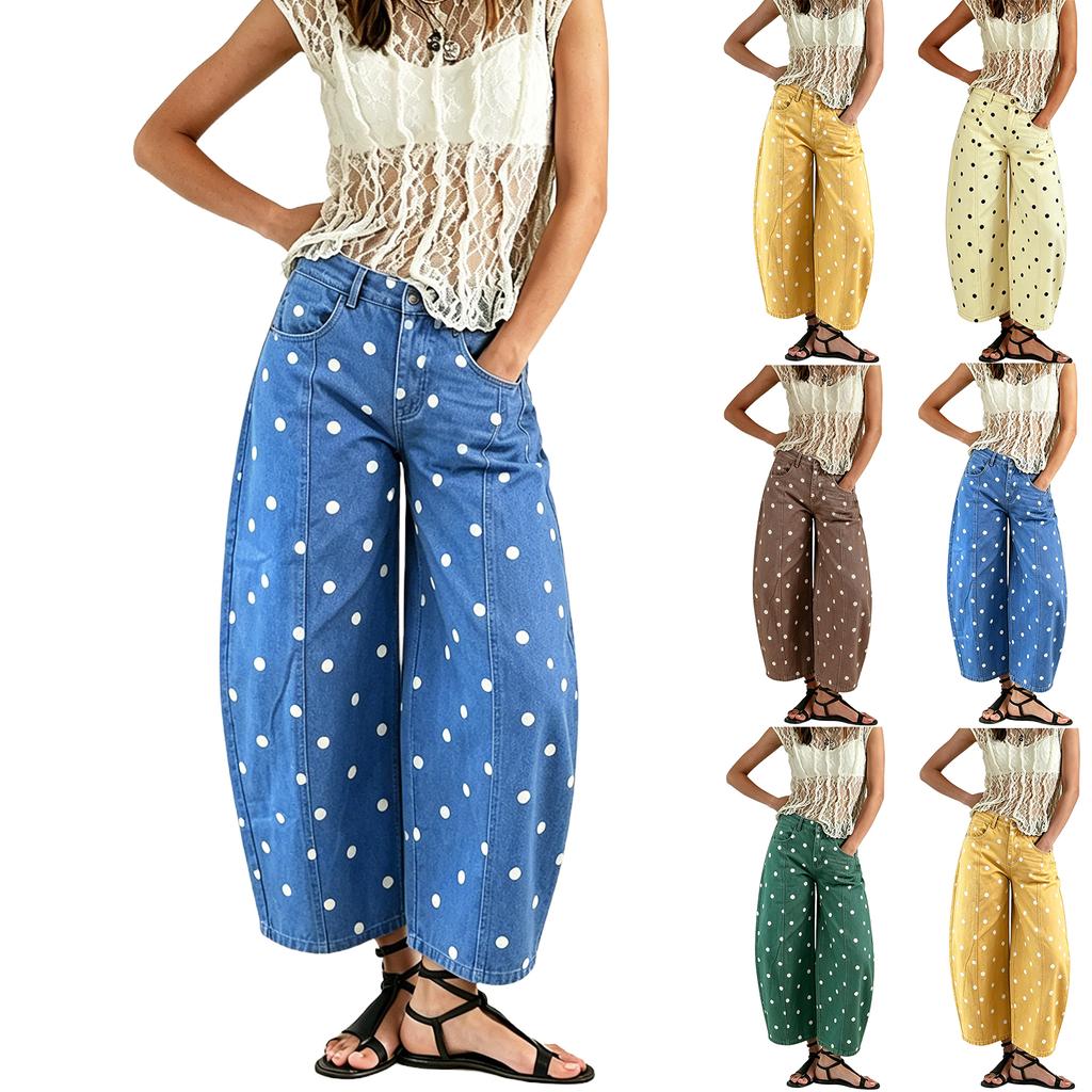 Jeans Cropped Feminino de Bolinhas com Caimento Médio Solto para Uso Casual Diário