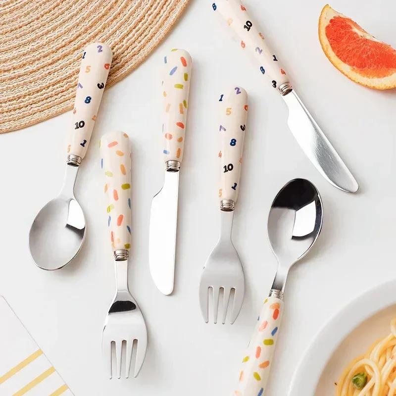 3pcs/lot Infant Spoon Fork Collection Stainless Utensil Children's Tableware Training Spoon Feeding Tableware Gentle Kitchen Accessories