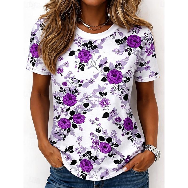 Women's T Shirt Print Floral Graphic Plants Bohemia Hawaiian Stylish Short Sleeve Crew Neck Long Tops Summer