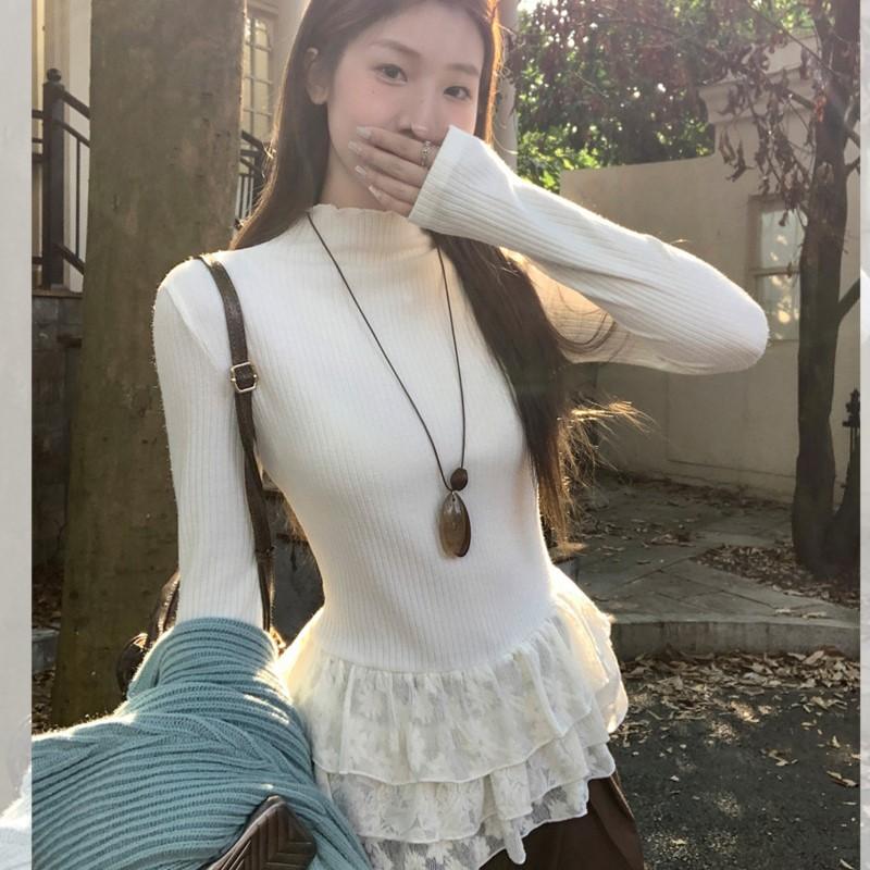 Johnature Lace Long-Sleeve T-Shirt Women Autumn Winter Korean-Style Simple Casual Base T-Shirts