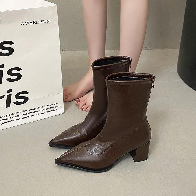 Fashion Women Short Boots 2025 Autumn Pointed Toe Korean Fashion Solid Colour Non-slip High Heels Thick Heel Comfort Shoes Botas Mujer