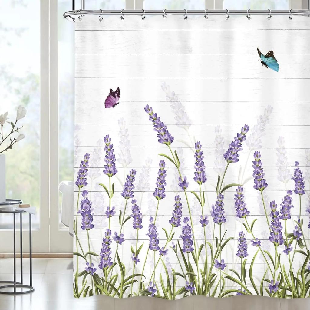 Wood Paneled Flower Shower Curtain, Vintage Flower Farm Cart Sunflower Butterfly Lavender Geometric Bible, Bathroom Decoration