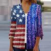 Women's Loose Casual Independence Day Printed Seven Sleeve Button Down Shirt Cardigan Top