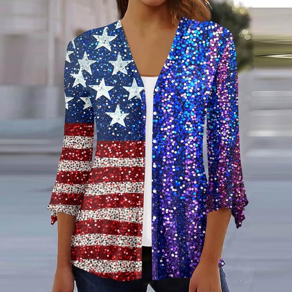 Women's Loose Casual Independence Day Printed Seven Sleeve Button Down Shirt Cardigan Top