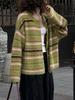 Damen Gestreifter Strick-Cardigan mit Knöpfen Damen Grüner Pullover Cardigan Täglicher Pendelpullover Lockere Strickjacke Herbst und Winter
