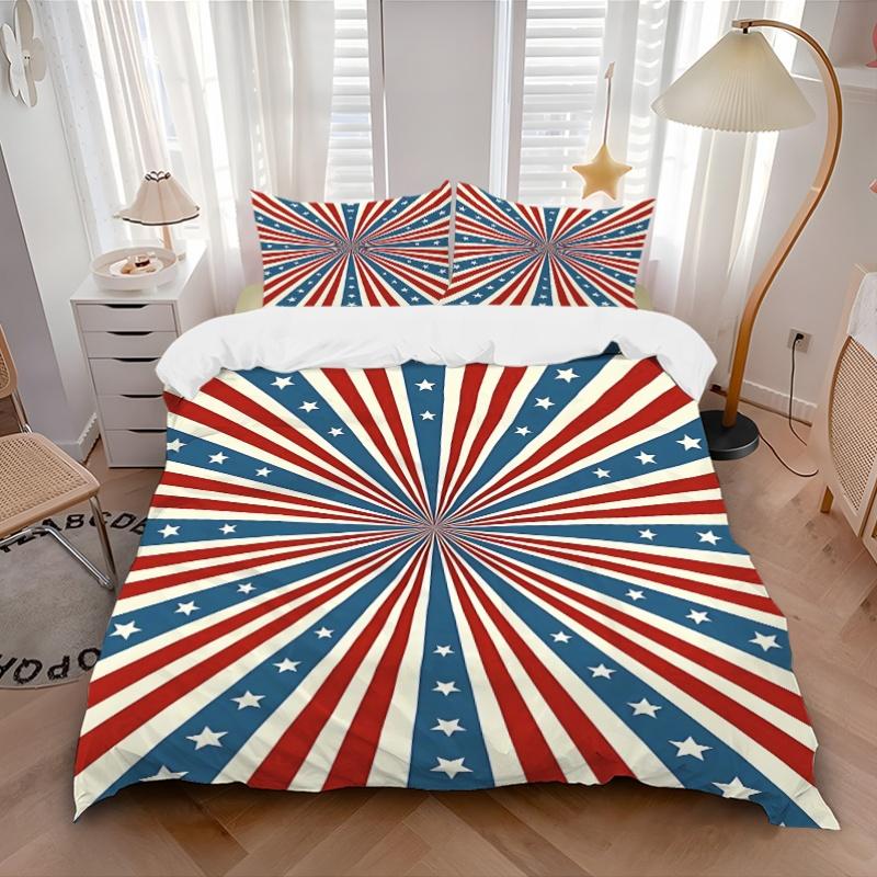 3pcs Blue Red Stars Stripes Bedding Set, Includes Without Pillow Inserts, Soft Comfortable Bedding Set,All-Season Use a0924020