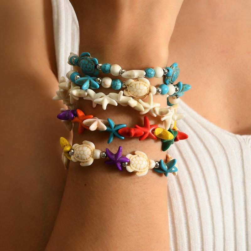Hot Sale Summer Ocean Wind Jewelry Shells Starfish Turtle Woven Bracelet, Seaside Elastic Beaded Bracelet