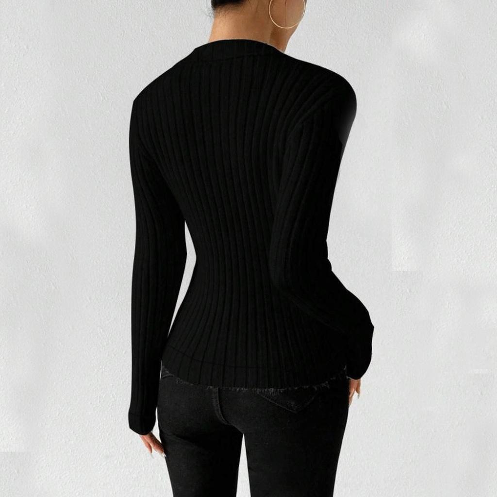 Women's Fashion Casual Long-Sleeved Solid Color Slim Fit V-Neck Nibbed T-Shirt Ladies T-Shirt Tops