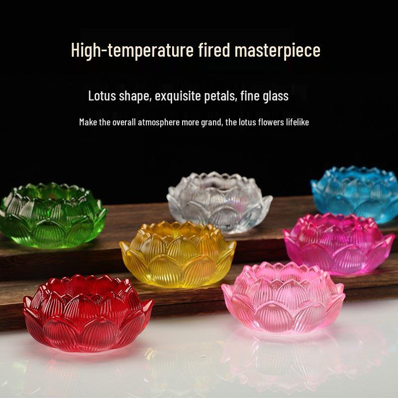 Porta candela in ghee a forma di loto di cristallo a sette colori per offerte a Buddha