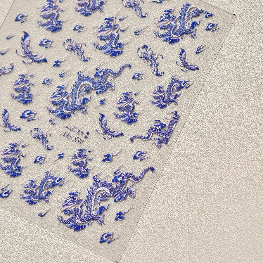 Oriental Blue and White Porcelain Nail Art Sticker Delicate Gold Outline Floral Nail Art Chinese Vintage Ceramic Manicure Decal