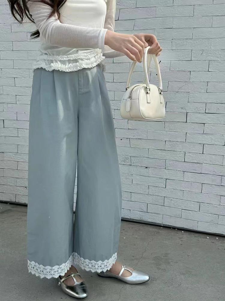 

2025 Spring Washed Cotton Lace Patchwork Wide-Leg Pants M небесно-голубой