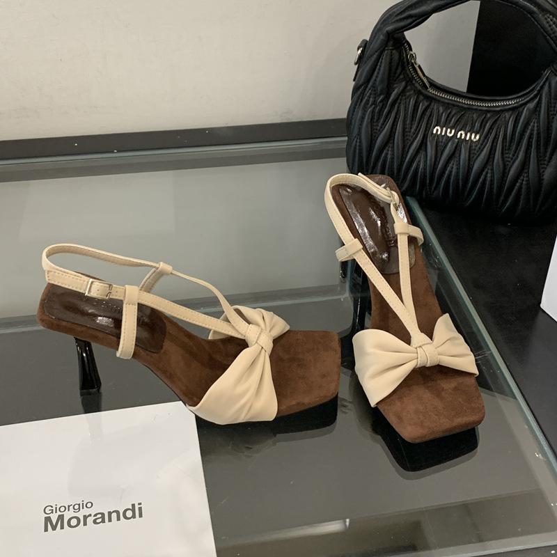 

5CM/7CM French square head thin heel sandals women s 2025 new design bow beautiful open-toed high heels 39