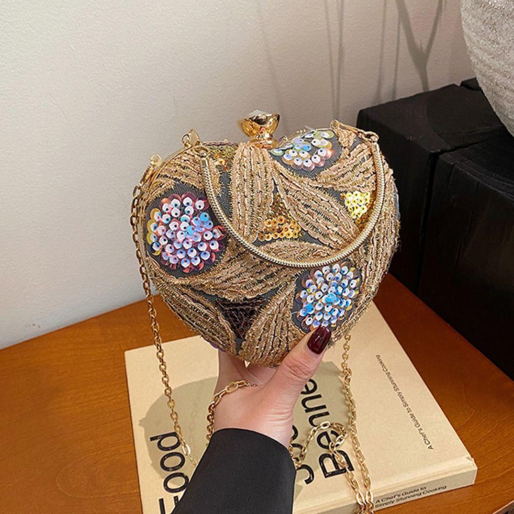 

Elegant Sequin Evening Banquet Bag Embroidery Ladies Clutch Bag Heart Shape Handbag Outdoor жовтий